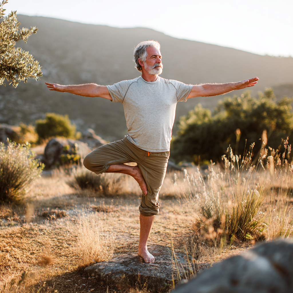 Senior man demonstrating balance pose in outdoor yoga practice surrounded by nature